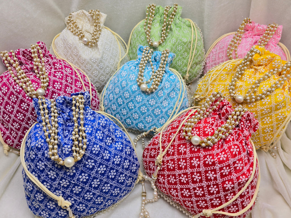 Chikankari Embroidered Cotton Potli Bag – Indian Handmade Party Favor (Lot of 100 Pcs)
