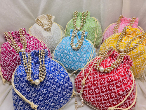 Chikankari Embroidered Cotton Potli Bag – Indian Handmade Party Favor (Lot of 100 Pcs)