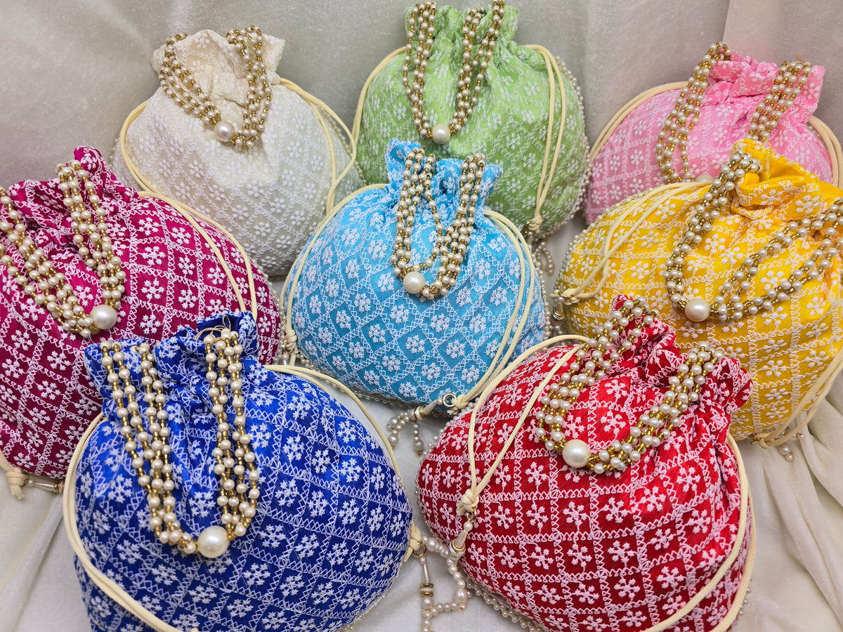 Chikankari Embroidered Cotton Potli Bag – Indian Handmade Party Favor (Lot of 100 Pcs)