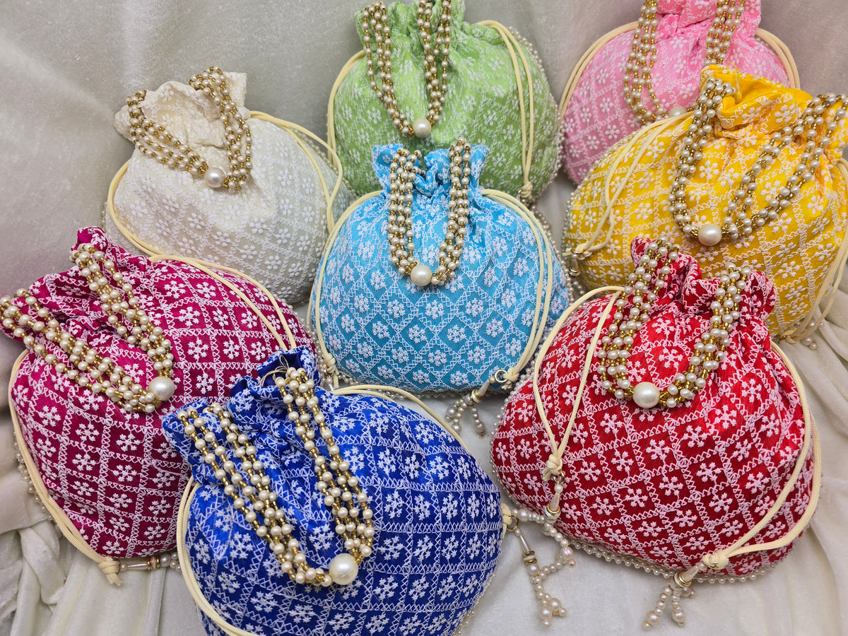 Chikankari Embroidered Cotton Potli Bag – Indian Handmade Party Favor (Lot of 100 Pcs)