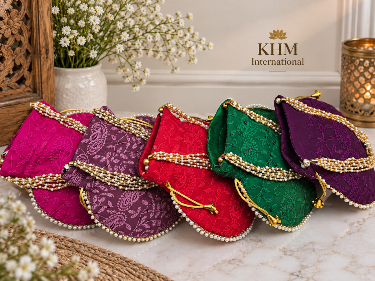 Chikankari Embroidered Indian Potli Bags for Haldi Mehendi Wedding Favors