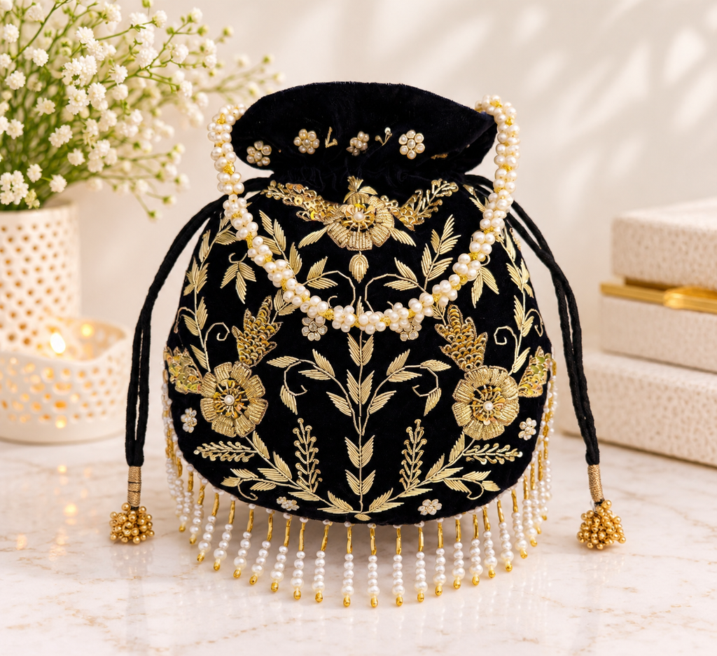 Black Velvet Potli Bag with Gold Embroidery and Pearl Fringe