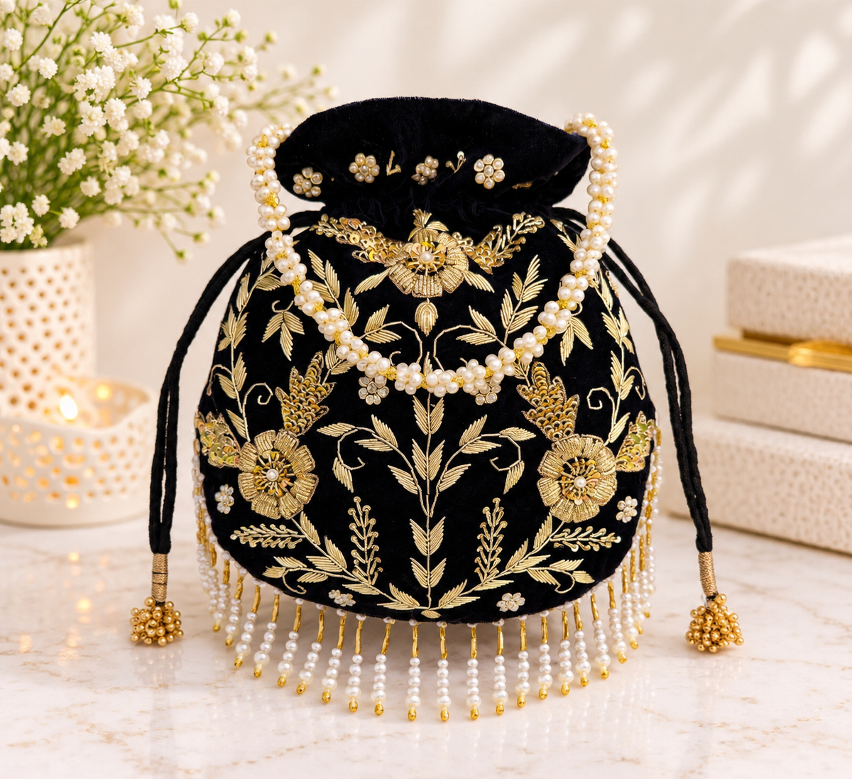 Black Velvet Potli Bag with Gold Embroidery and Pearl Fringe