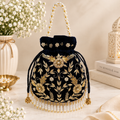 Black Velvet Potli Bag with Gold Embroidery and Pearl Fringe