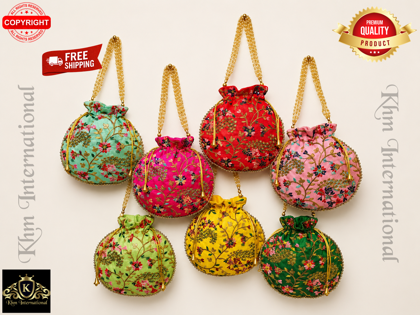 Floral Embroidered Potli Bags with Golden Bead Handle for Wedding & Festive Wear