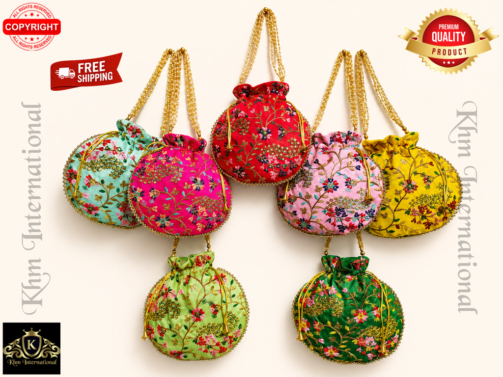 Floral Embroidered Potli Bags with Golden Bead Handle for Wedding & Festive Wear