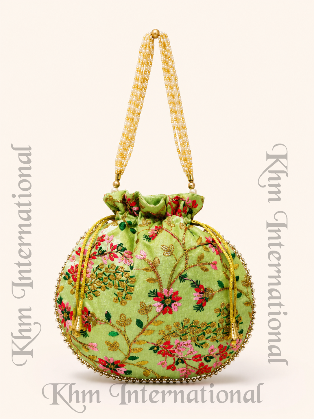 Floral Embroidered Potli Bags with Golden Bead Handle for Wedding & Festive Wear