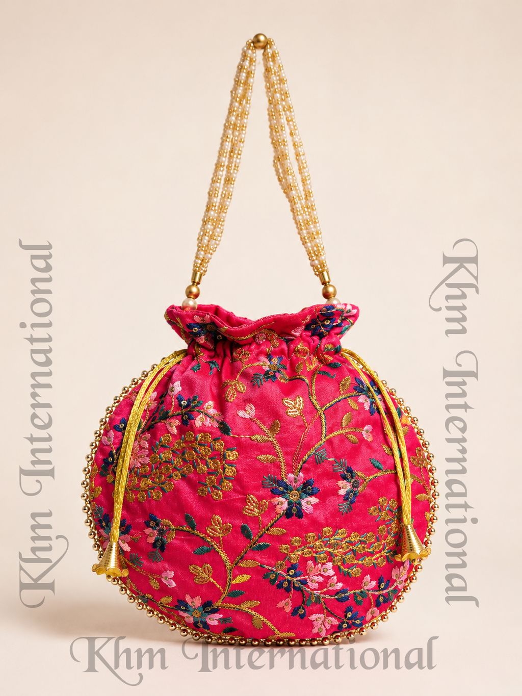 Floral Embroidered Potli Bags with Golden Bead Handle for Wedding & Festive Wear