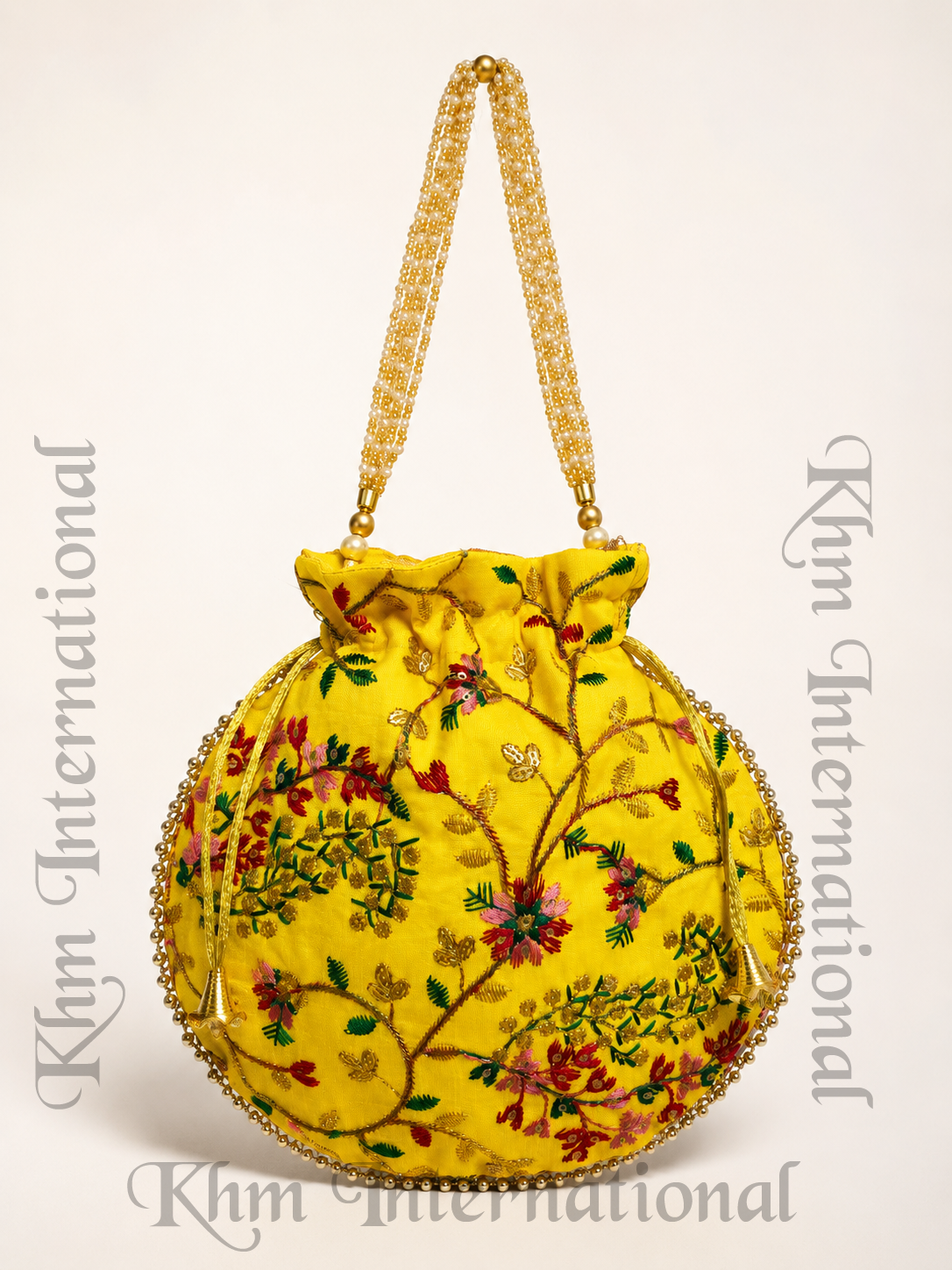 Floral Embroidered Potli Bags with Golden Bead Handle for Wedding & Festive Wear