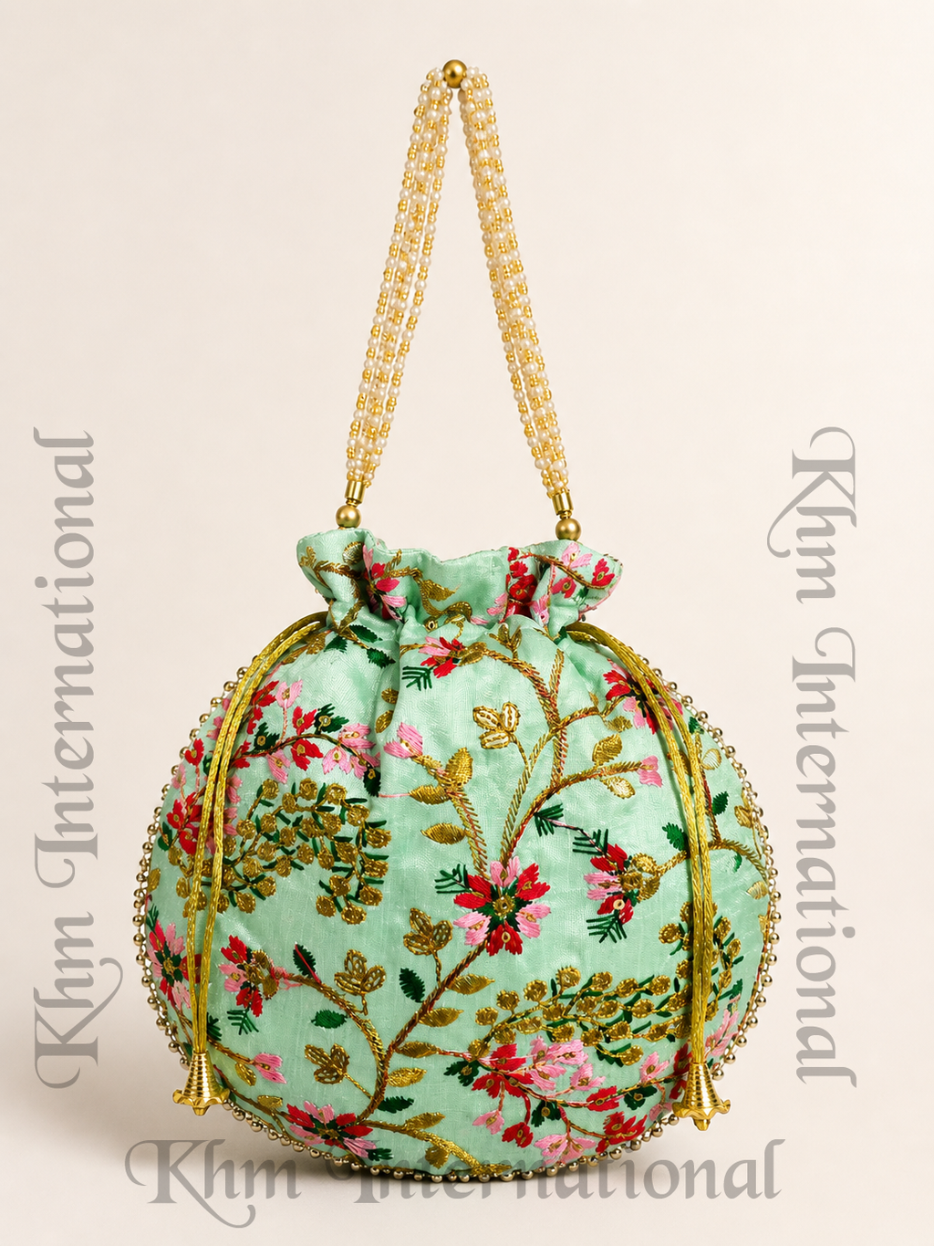 Floral Embroidered Potli Bags with Golden Bead Handle for Wedding & Festive Wear