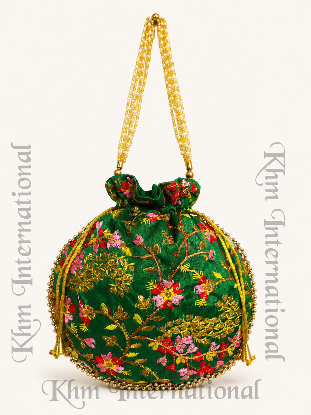 Floral Embroidered Potli Bags with Golden Bead Handle for Wedding & Festive Wear
