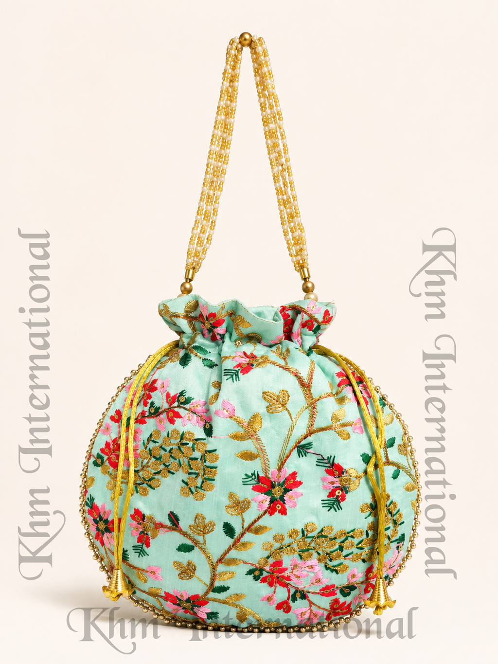 Floral Embroidered Potli Bags with Golden Bead Handle for Wedding & Festive Wear