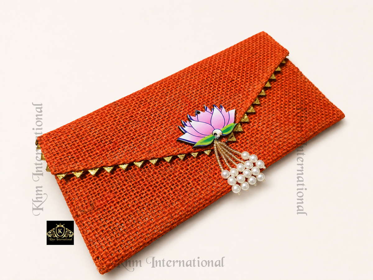 Handmade Jute Envelope Clutch Bag with Lotus & Pearl Embellishment