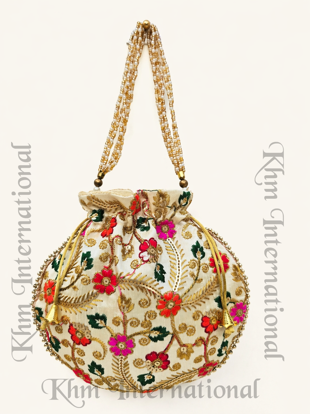 Cream Floral Embroidered Potli Bags with Golden Bead Handle for Wedding & Festive Wear