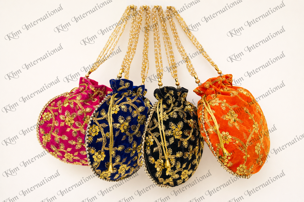 Gold Embroidered Potli Bag for Women | 9x9 Inch Indian Wedding Favor Purse, Bridal Drawstring Handbag, Ethnic Party Clutch