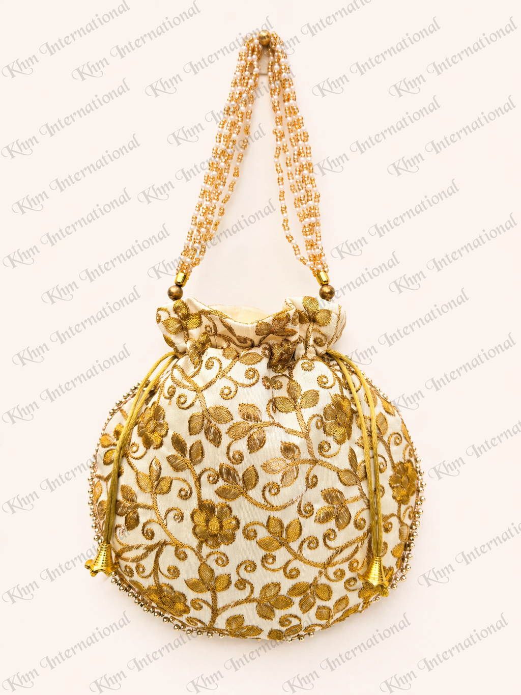 Cream Floral Embroidered Potli Bags with Golden Bead Handle for Wedding & Festive Wear