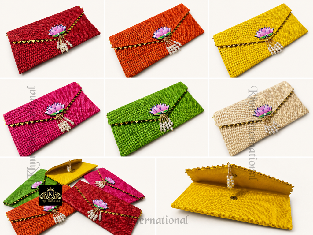 Handmade Jute Envelope Clutch Bag with Lotus & Pearl Embellishment