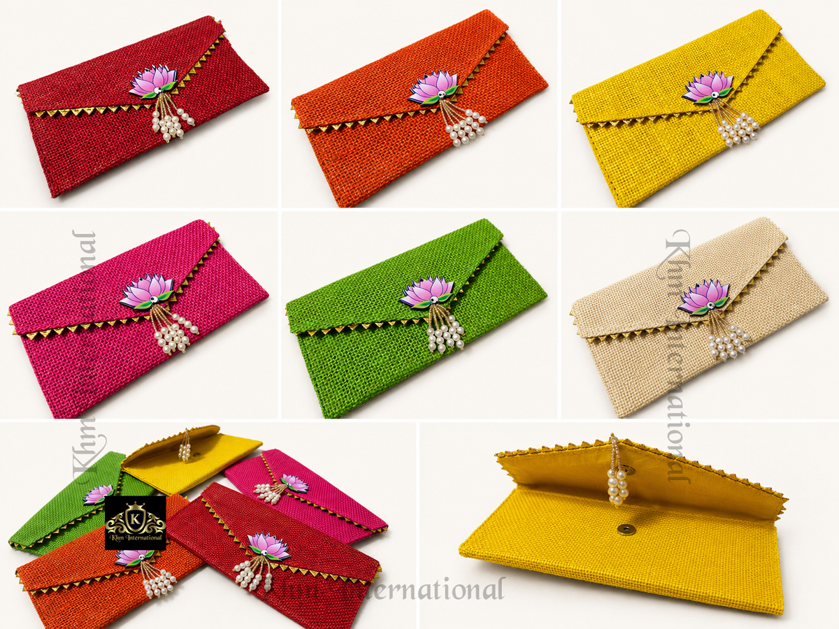 Handmade Jute Envelope Clutch Bag with Lotus & Pearl Embellishment