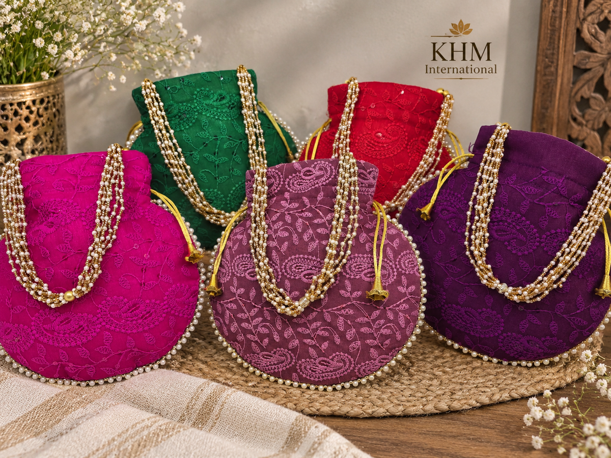 Chikankari Embroidered Indian Potli Bags for Haldi Mehendi Wedding Favors