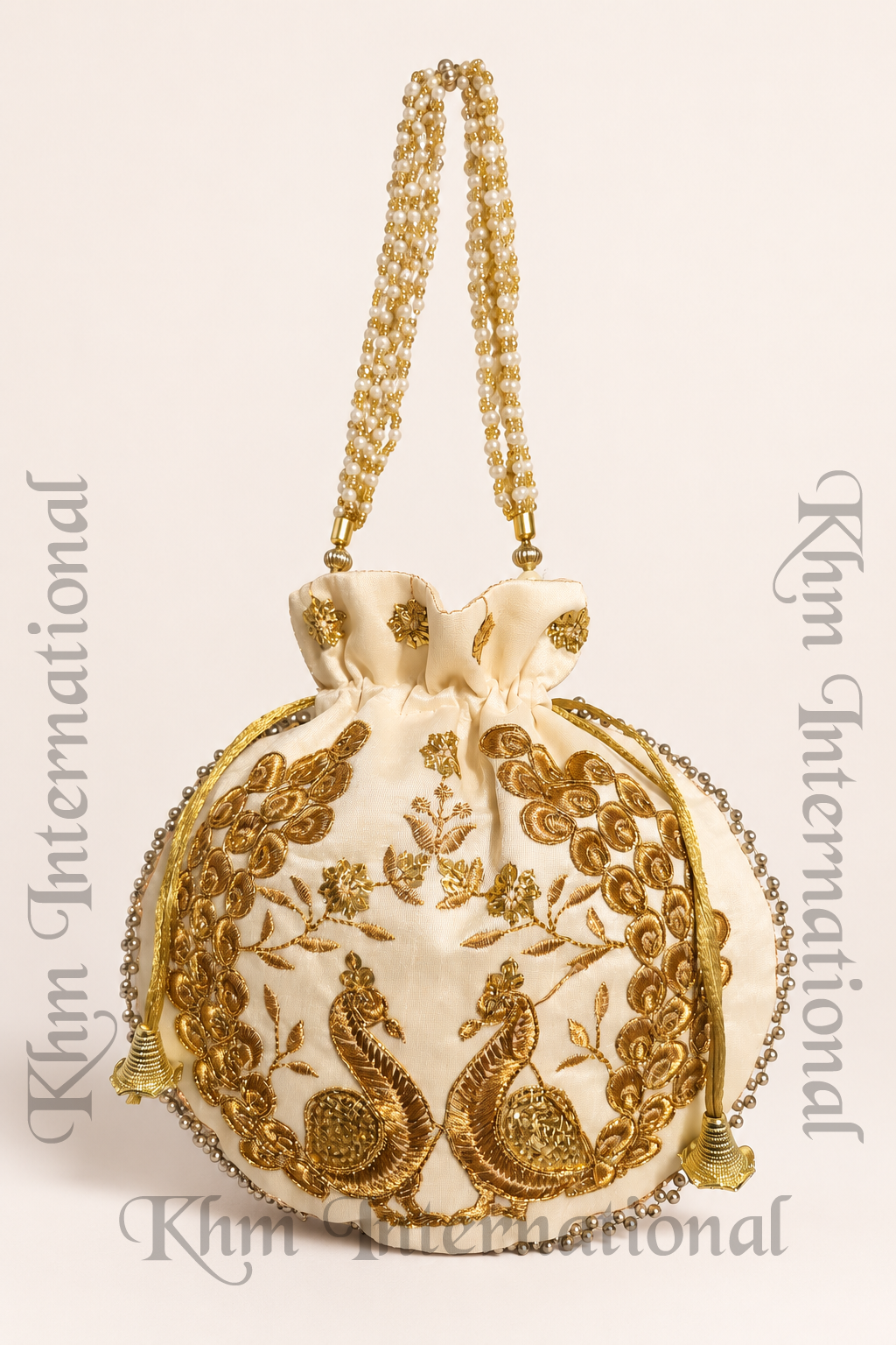 Peacock Embroidered Potli Bags with Golden Bead Handle for Wedding & Festive Wear