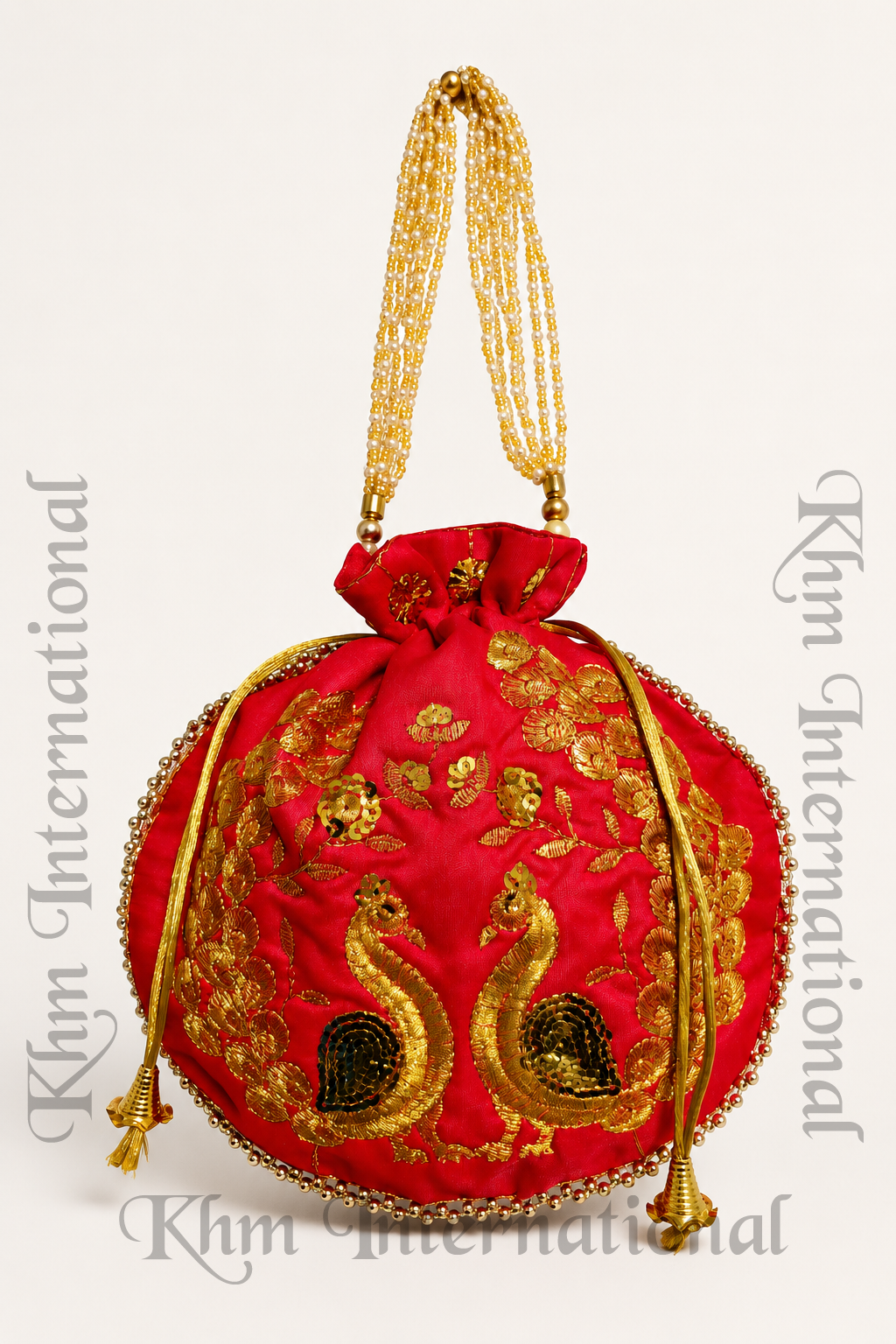 Peacock Embroidered Potli Bags with Golden Bead Handle for Wedding & Festive Wear