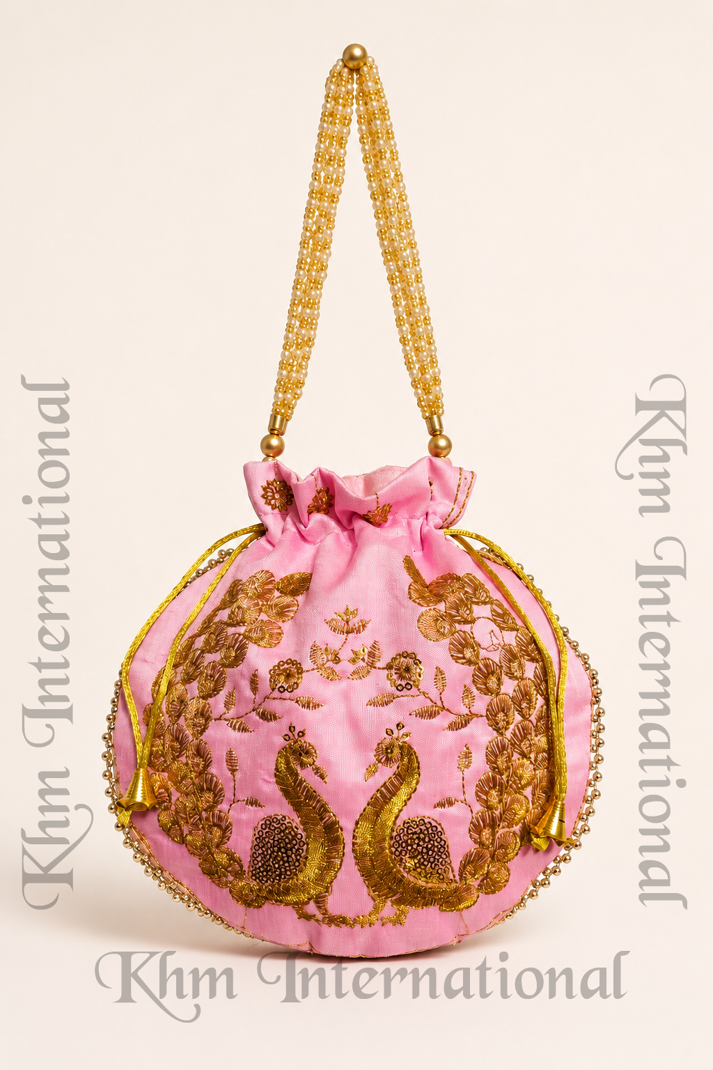 Peacock Embroidered Potli Bags with Golden Bead Handle for Wedding & Festive Wear