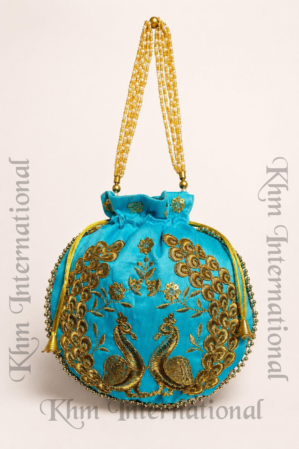 Peacock Embroidered Potli Bags with Golden Bead Handle for Wedding & Festive Wear