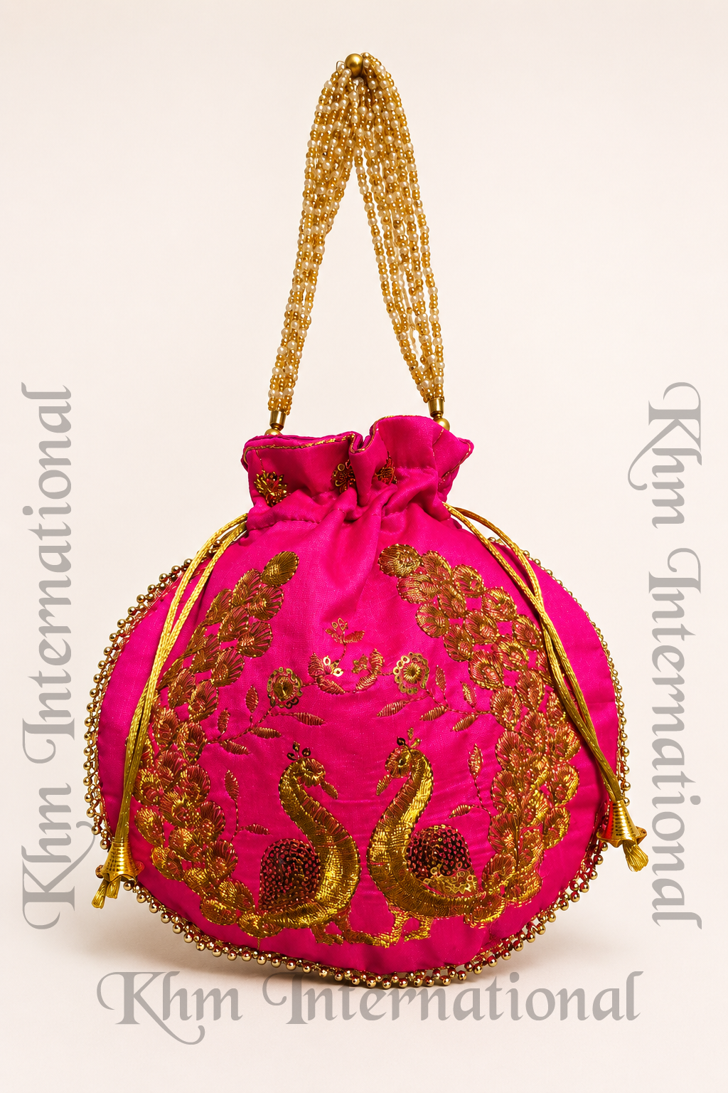 Peacock Embroidered Potli Bags with Golden Bead Handle for Wedding & Festive Wear