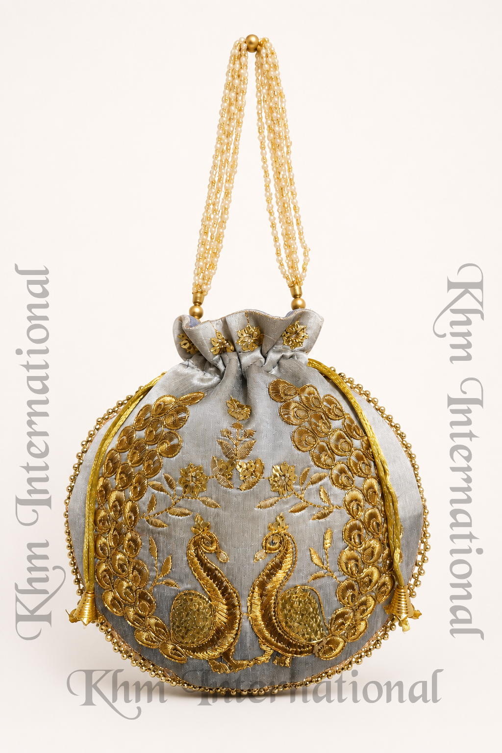 Peacock Embroidered Potli Bags with Golden Bead Handle for Wedding & Festive Wear