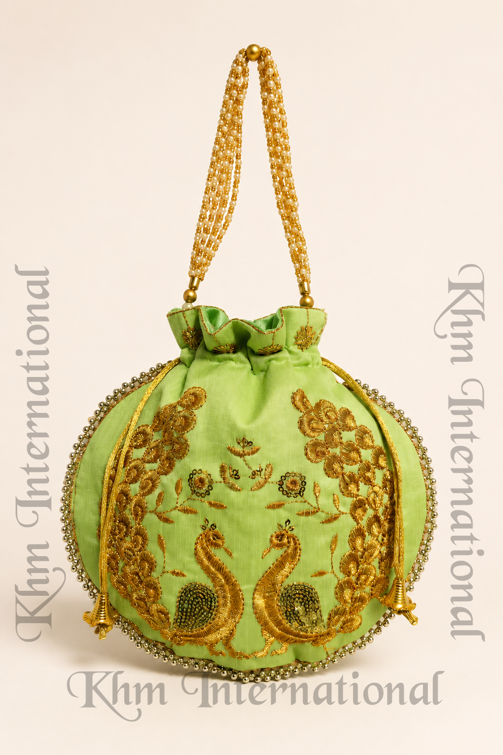 Peacock Embroidered Potli Bags with Golden Bead Handle for Wedding & Festive Wear