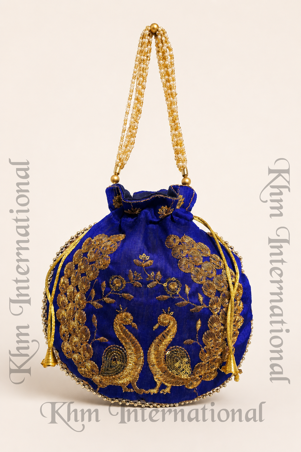 Peacock Embroidered Potli Bags with Golden Bead Handle for Wedding & Festive Wear