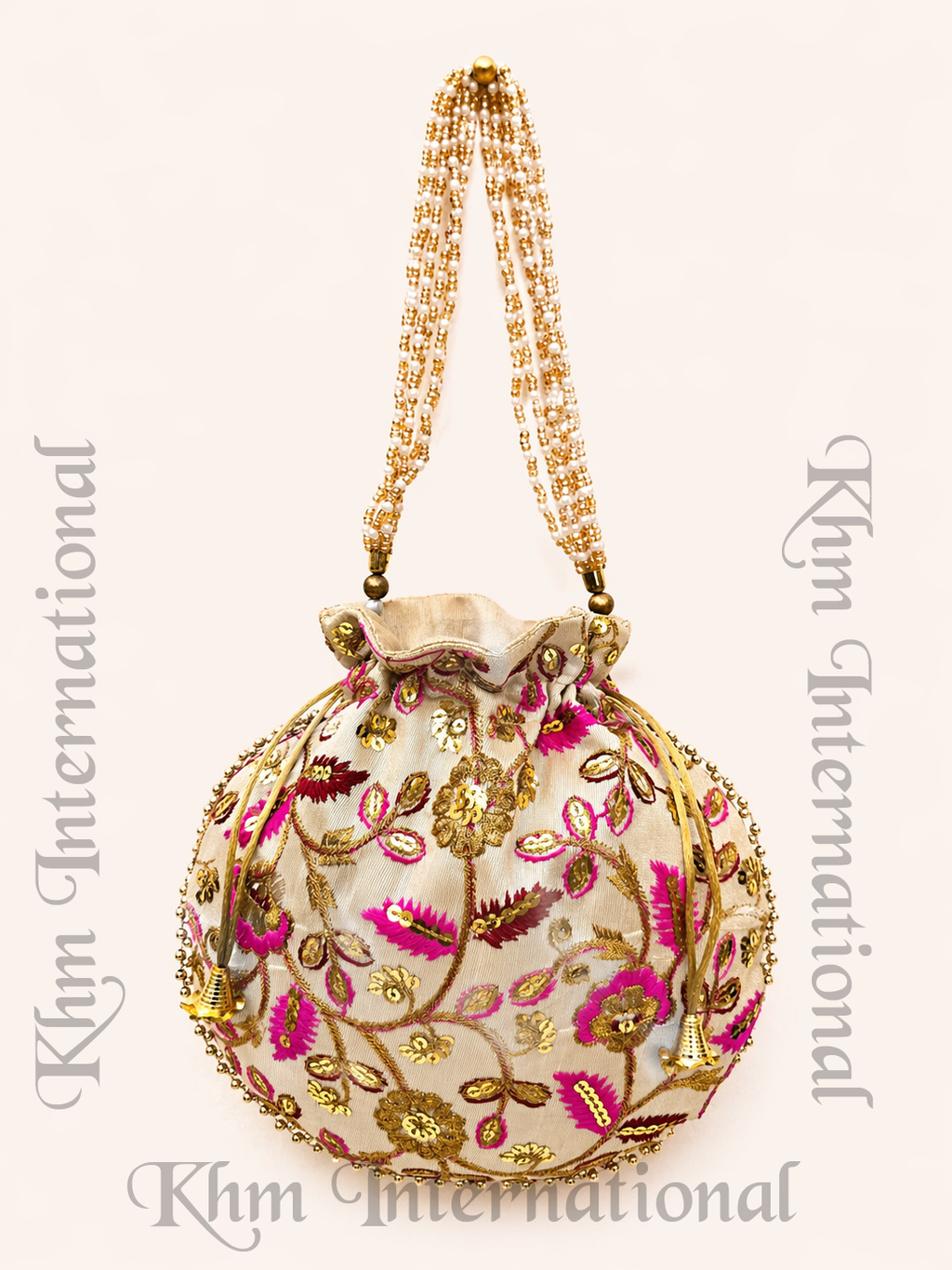 Cream Floral Embroidered Potli Bags with Golden Bead Handle for Wedding & Festive Wear