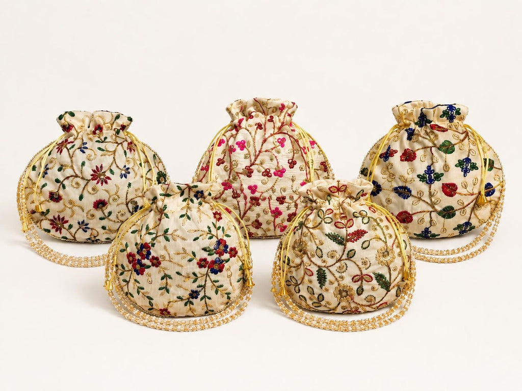 Embroidered Silk Potli Bag - Indian Handmade Party Favor (Lot of 100 Pcs, 9x9 inches)