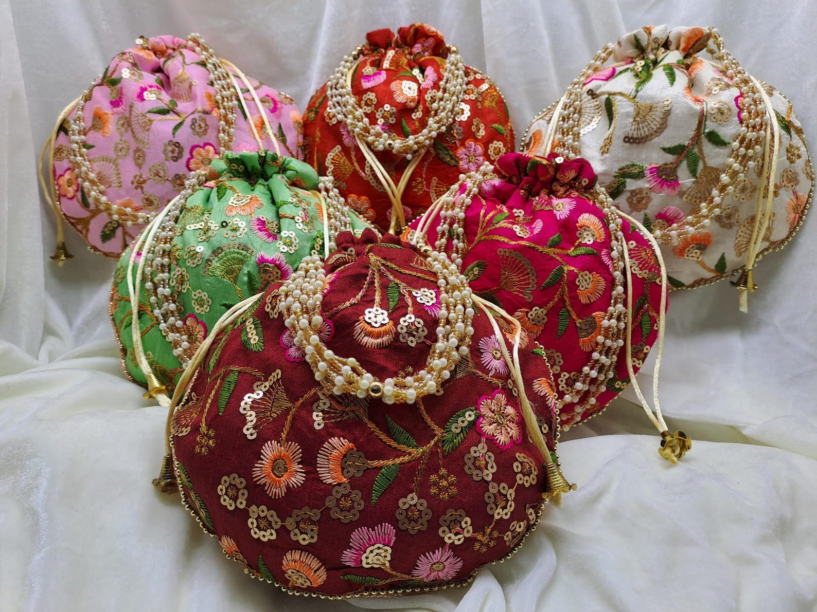 Handcrafted Indian Potli Pouch | Zari & Sequin Embroidery Wedding Favor Pouch