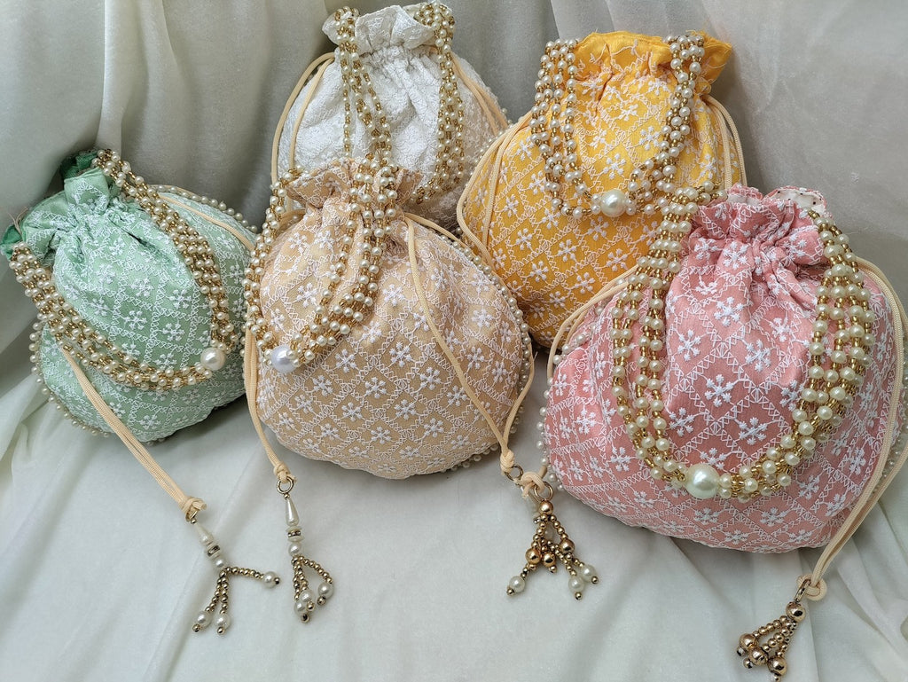 Handmade Chikankari Gift Bags (Set of 100), Indian Wedding Favor Pouches, Bridal Bridesmaid Gifts, Handmade Silk Party Favor Bags