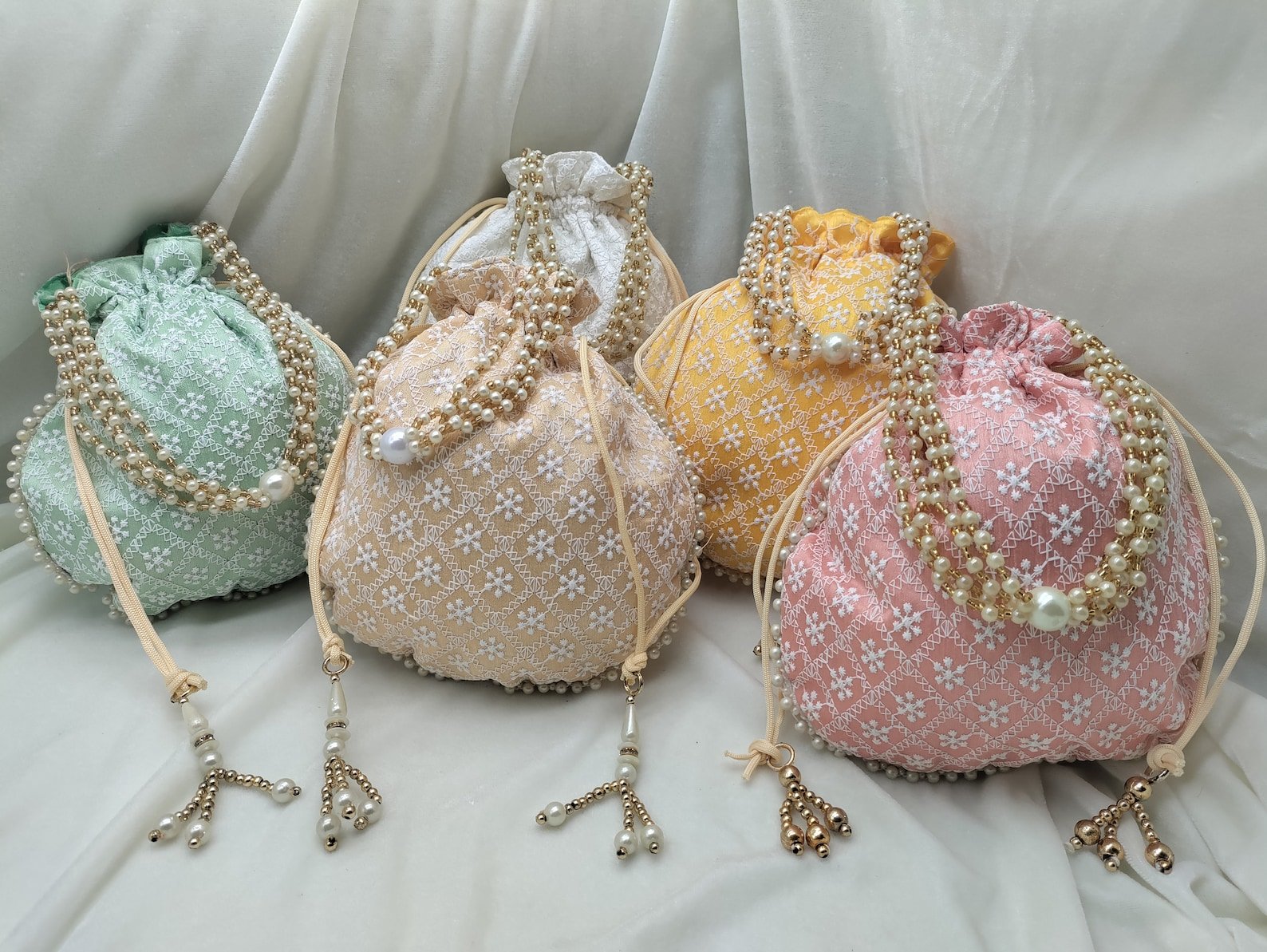 Handmade Chikankari Gift Bags (Set of 100), Indian Wedding Favor Pouches, Bridal Bridesmaid Gifts, Handmade Silk Party Favor Bags