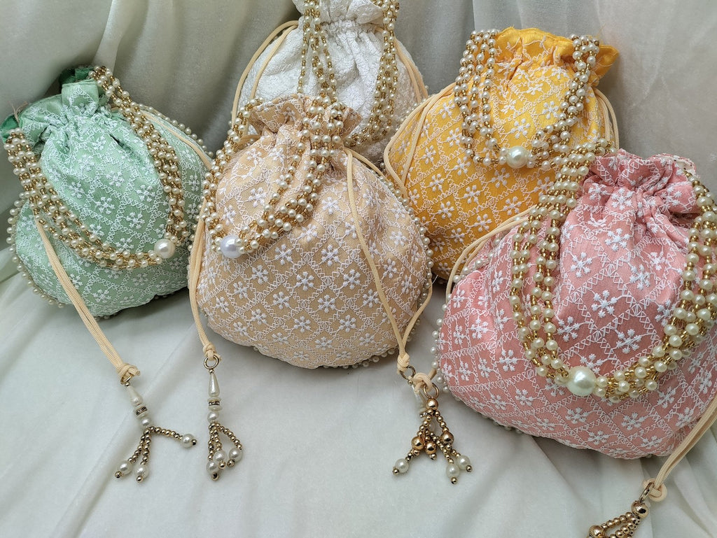 Handmade Chikankari Gift Bags (Set of 100), Indian Wedding Favor Pouches, Bridal Bridesmaid Gifts, Handmade Silk Party Favor Bags