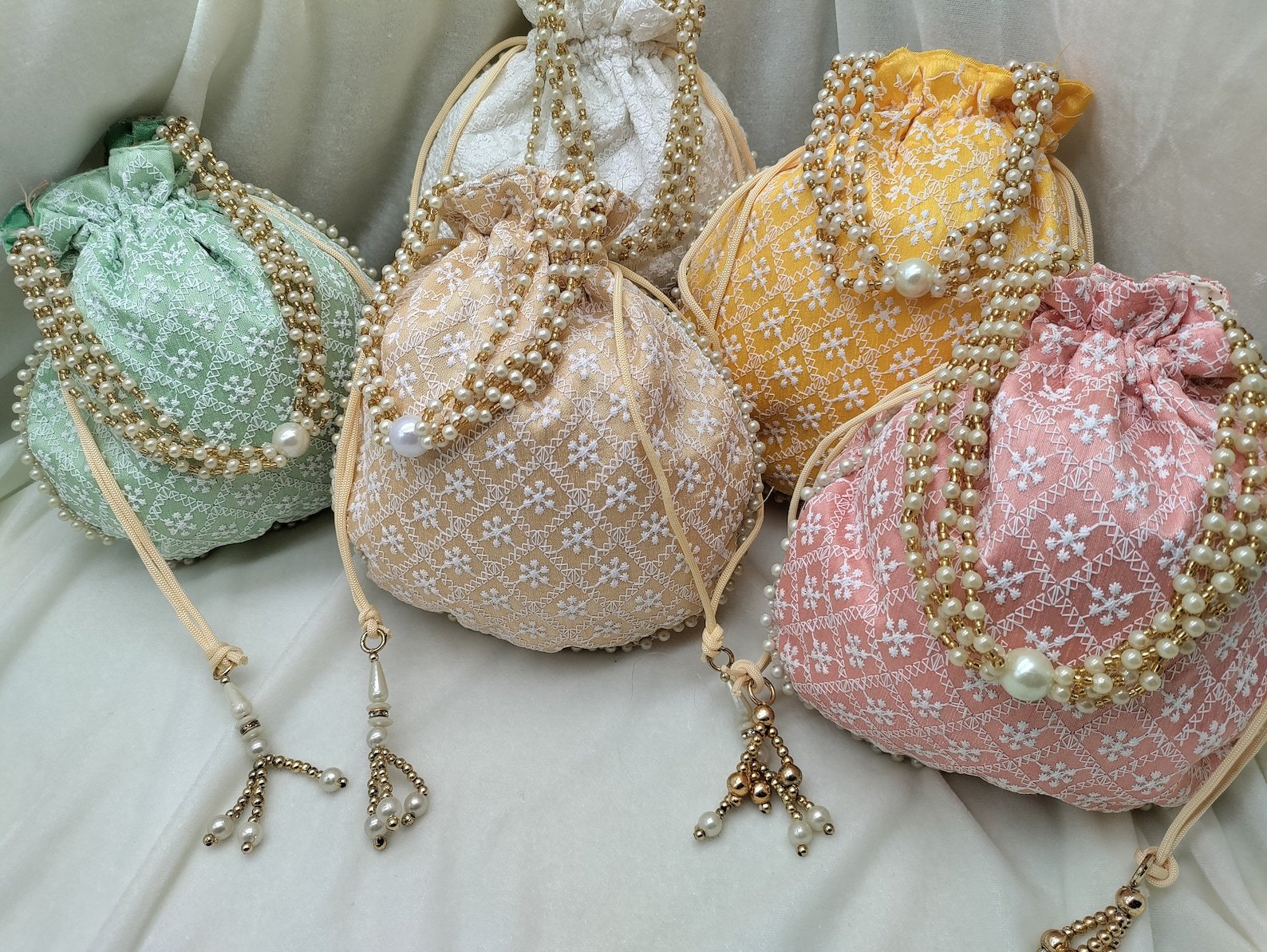 Handmade Chikankari Gift Bags (Set of 100), Indian Wedding Favor Pouches, Bridal Bridesmaid Gifts, Handmade Silk Party Favor Bags