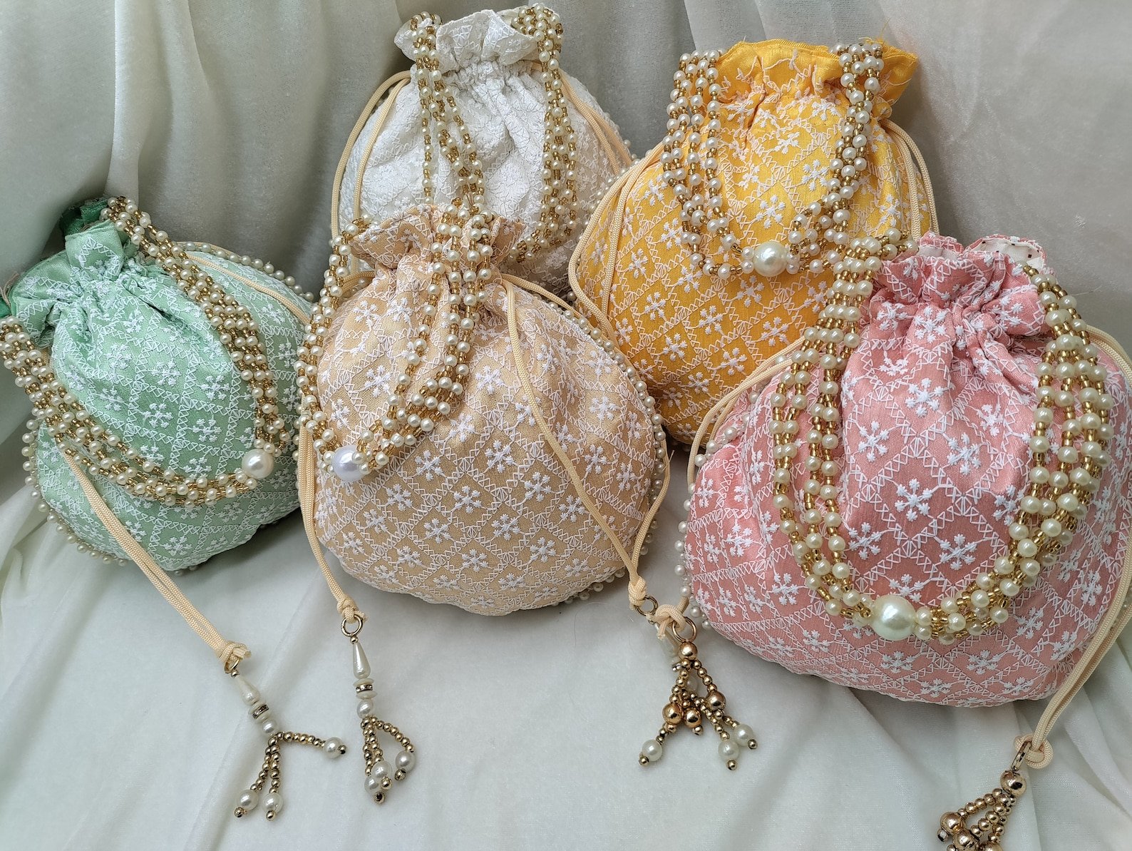 Handmade Chikankari Gift Bags (Set of 100), Indian Wedding Favor Pouches, Bridal Bridesmaid Gifts, Handmade Silk Party Favor Bags