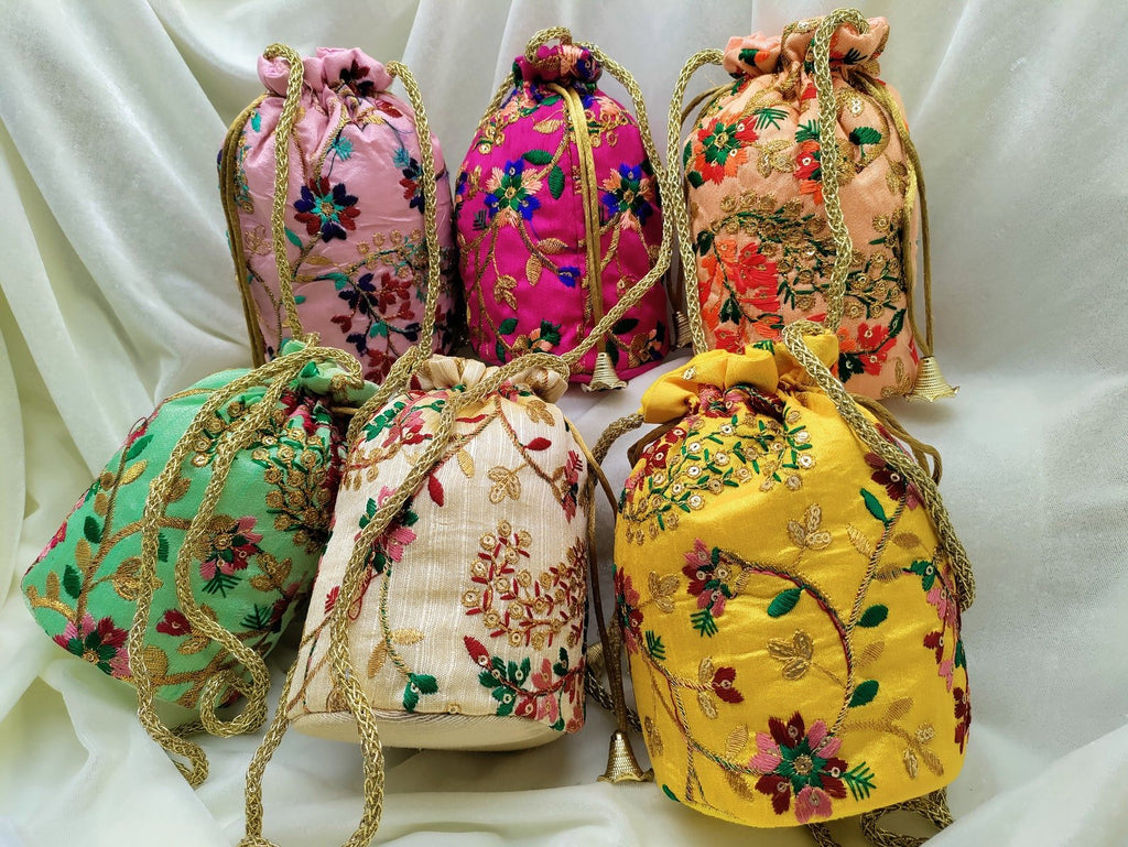 Embroidered Potli Bags with Gold Drawstring | Indian Wedding Gift Bags, Bridal Favor Bags & Festive Return Gift Pouches