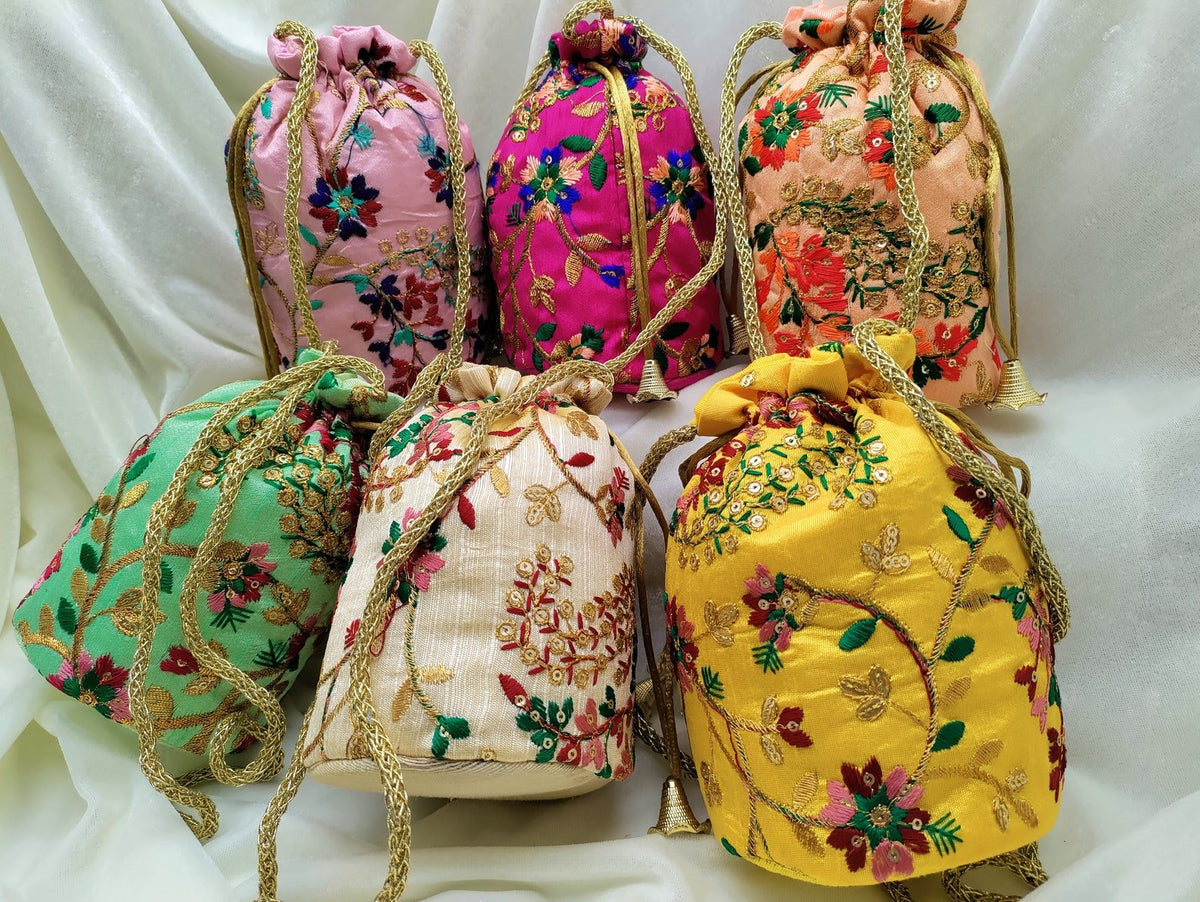 Embroidered Potli Bags with Gold Drawstring | Indian Wedding Gift Bags, Bridal Favor Bags & Festive Return Gift Pouches