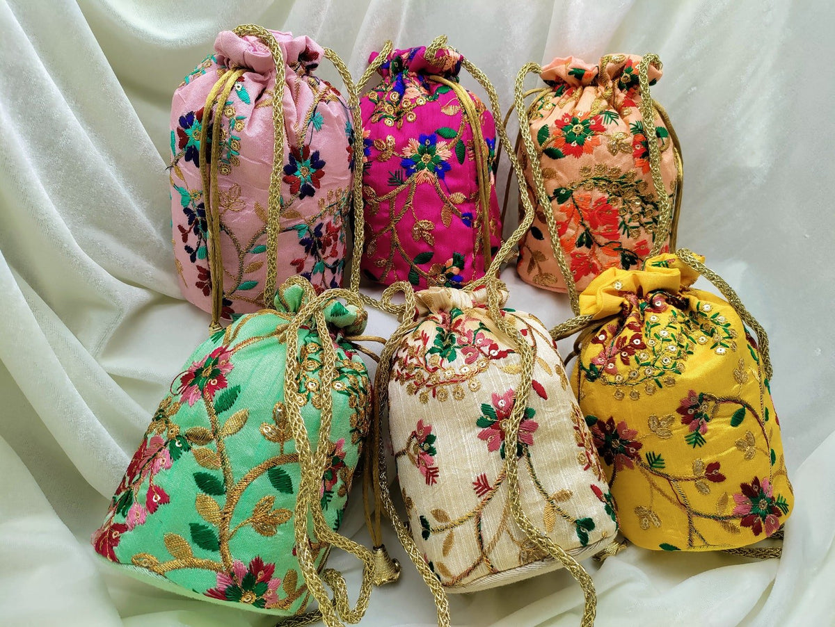 Embroidered Potli Bags with Gold Drawstring | Indian Wedding Gift Bags, Bridal Favor Bags & Festive Return Gift Pouches