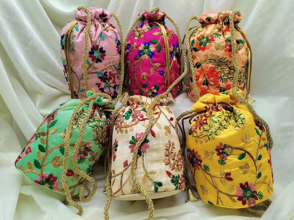 Embroidered Potli Bags with Gold Drawstring | Indian Wedding Gift Bags, Bridal Favor Bags & Festive Return Gift Pouches