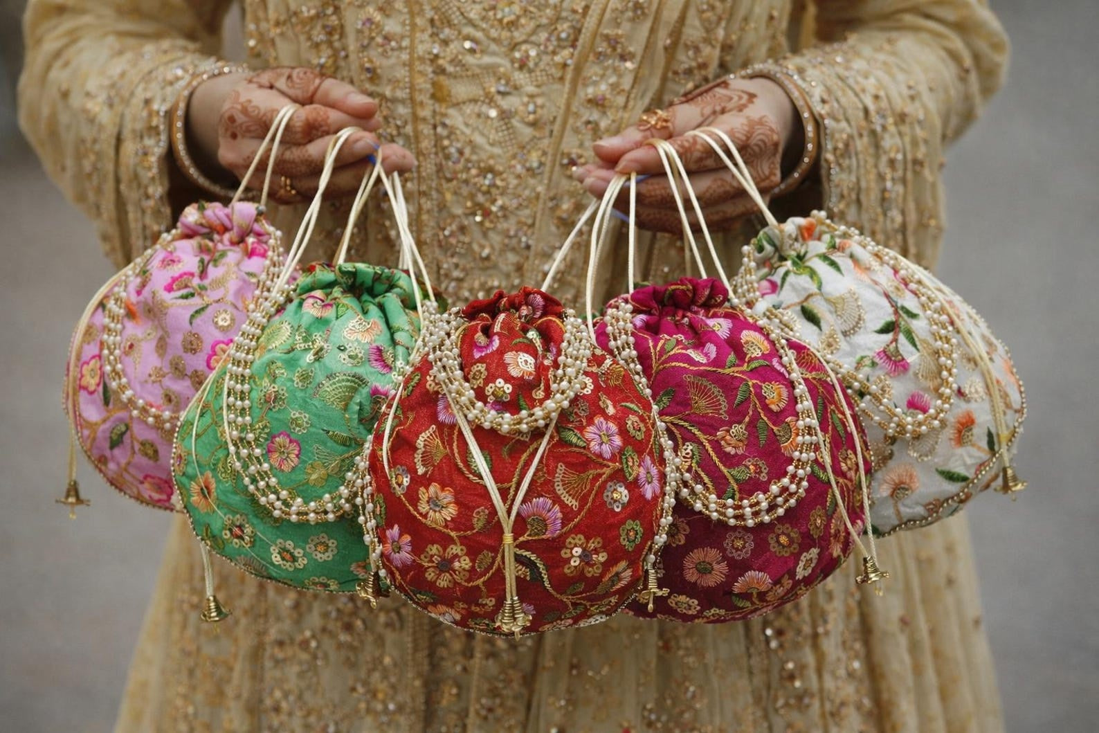 Handcrafted Indian Potli Pouch | Zari & Sequin Embroidery Wedding Favor Pouch