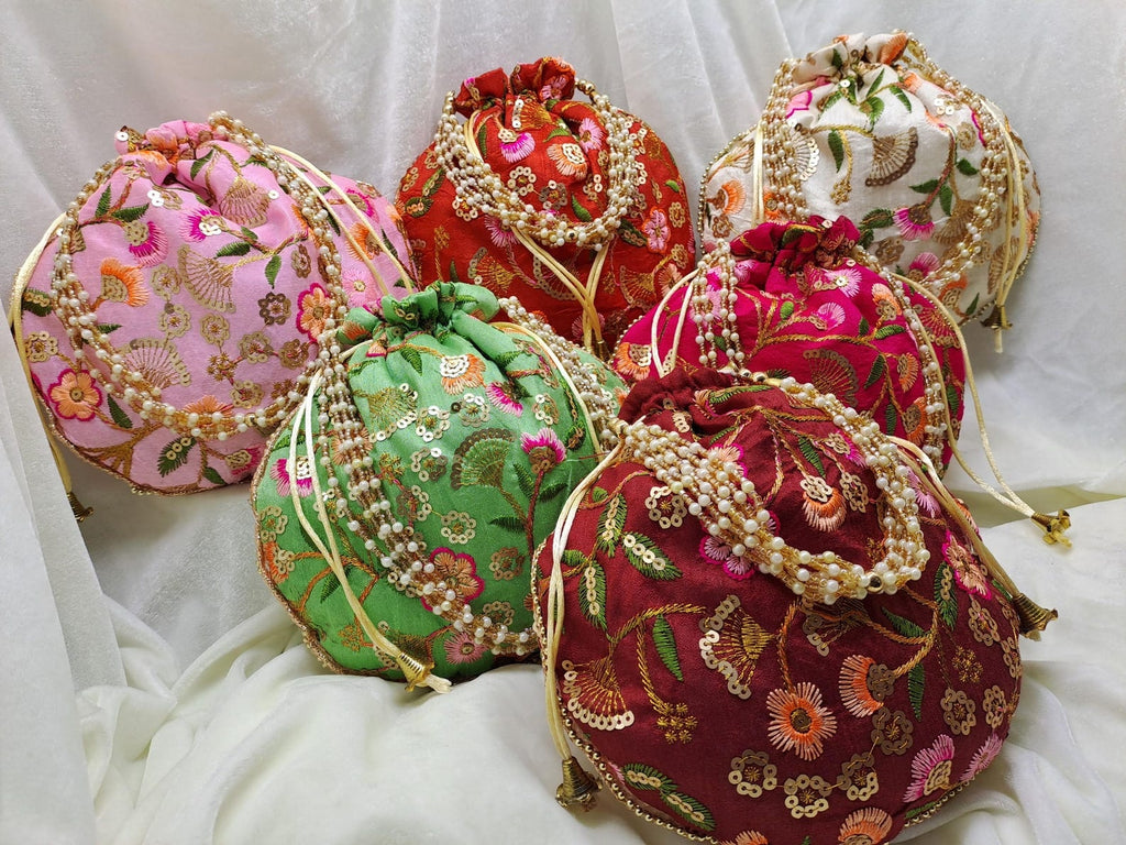 Handcrafted Indian Potli Pouch | Zari & Sequin Embroidery Wedding Favor Pouch