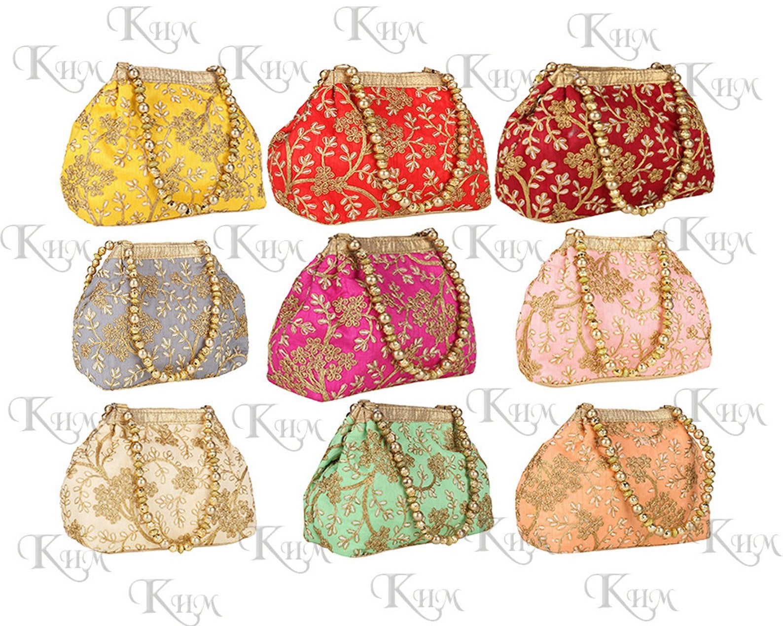 Set of 50 Indian Silk Potli Bags, Embroidered Bridal Clutch, Wedding Favor Pouches