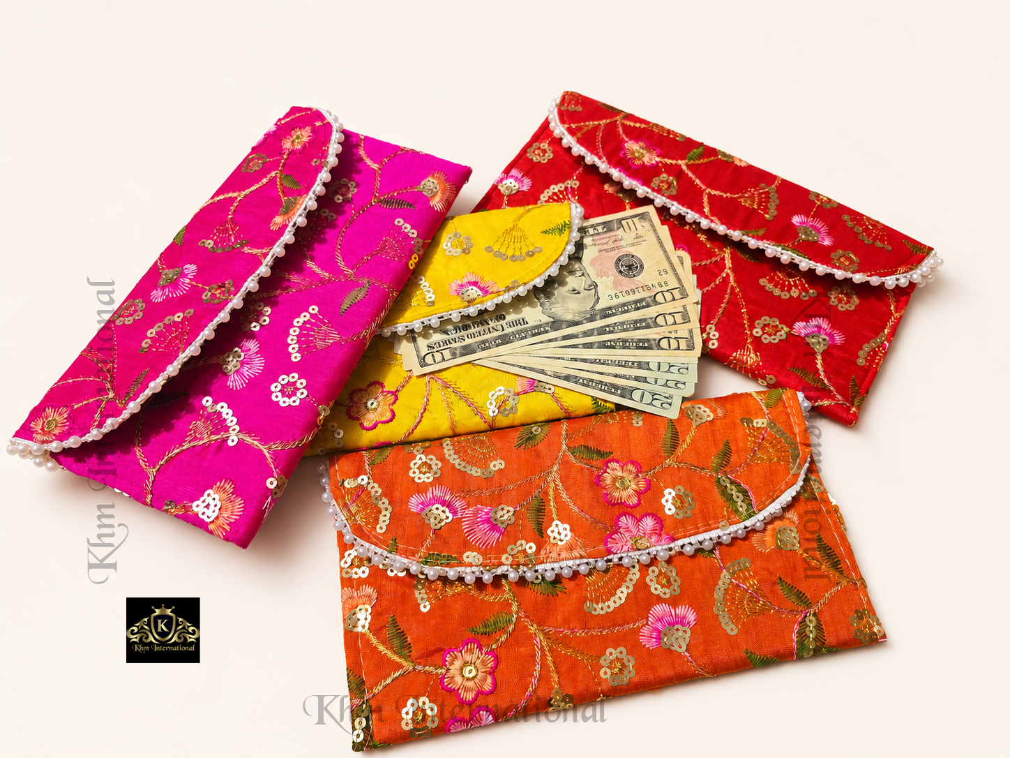 Embroidered Silk Envelope Clutch Bag with Floral Sequin Work & Pearl Border (9x5 Inches)