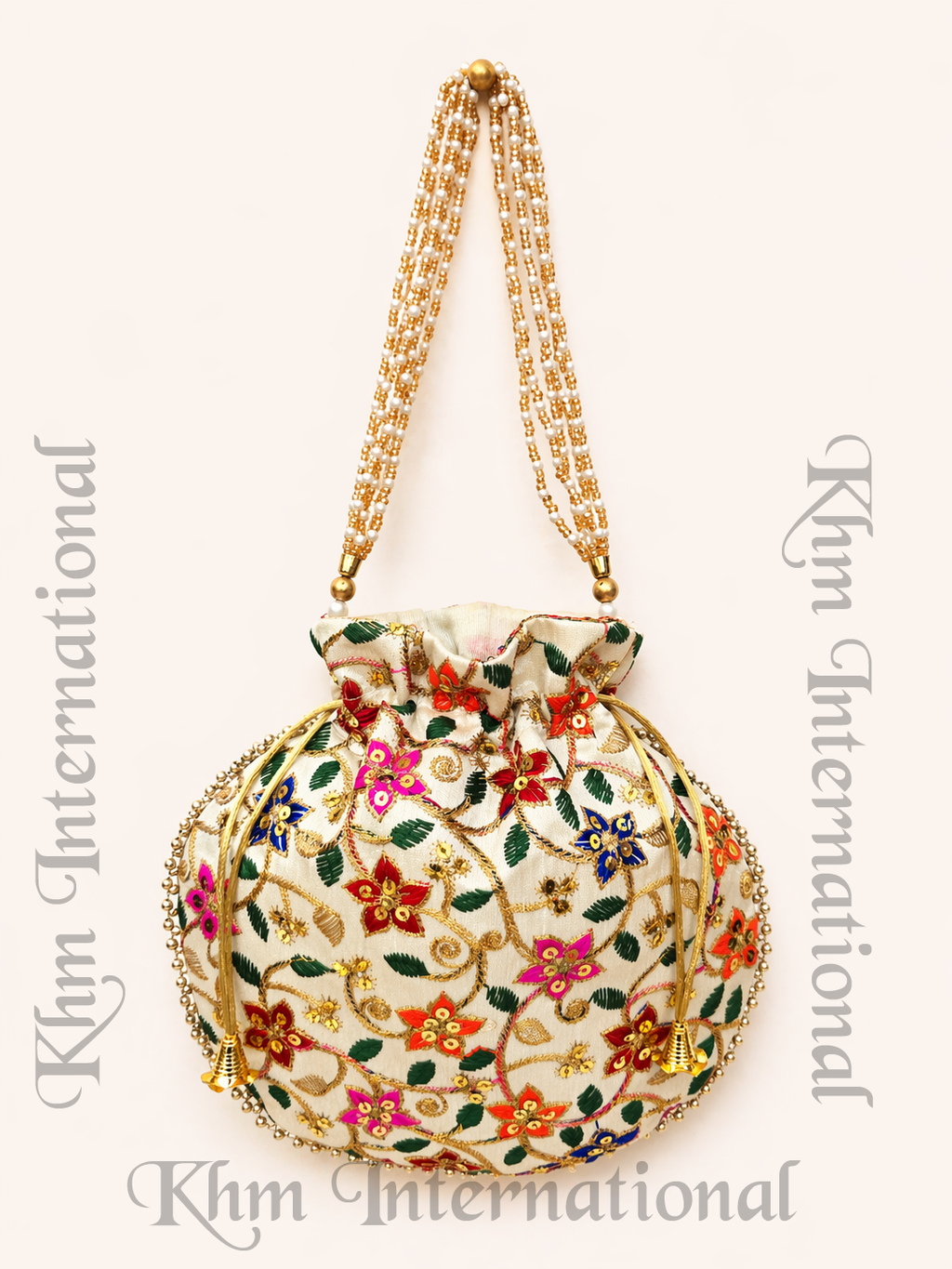 Cream Floral Embroidered Potli Bags with Golden Bead Handle for Wedding & Festive Wear