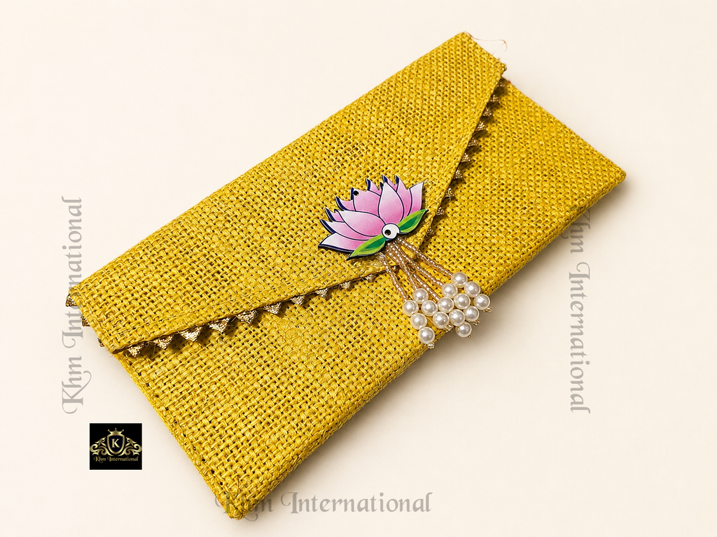Handmade Jute Envelope Clutch Bag with Lotus & Pearl Embellishment