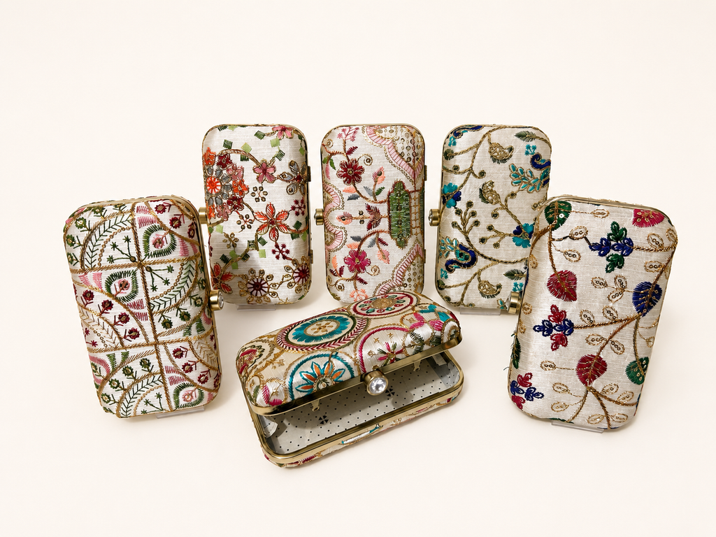 Women’s Embroidered Metal Frame Box Clutch Bag for Wedding & Party
